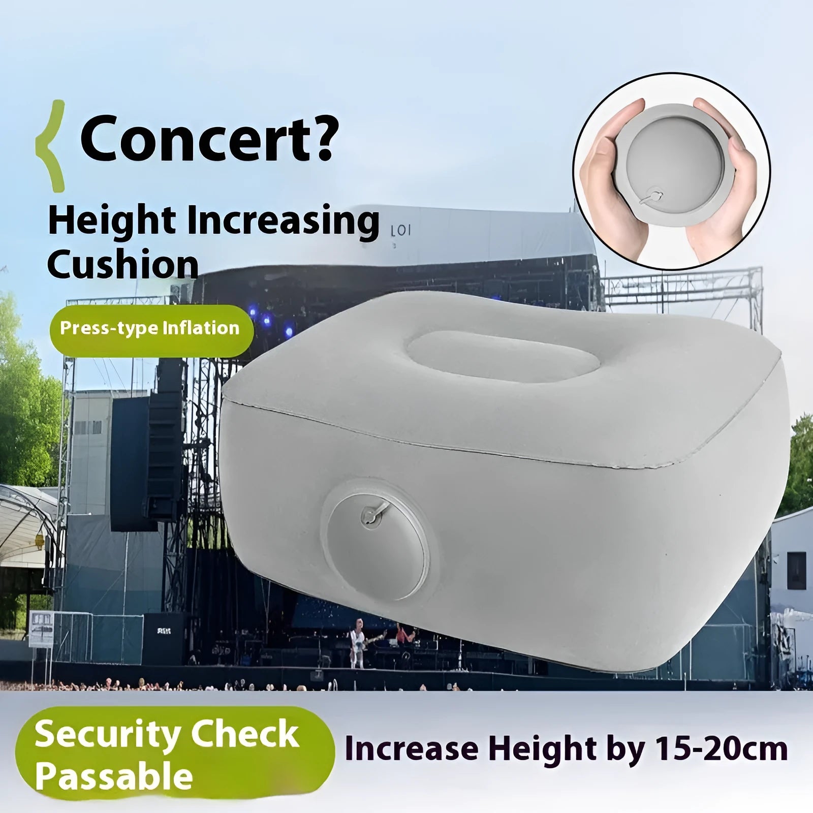 Press inflatable cushion in flocking material, portable folding design for height increase