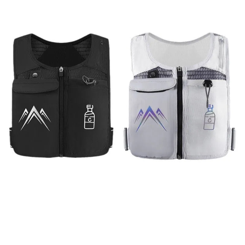 Black breathable mesh running vest with front phone pocket and optional shoulder hydration flask.