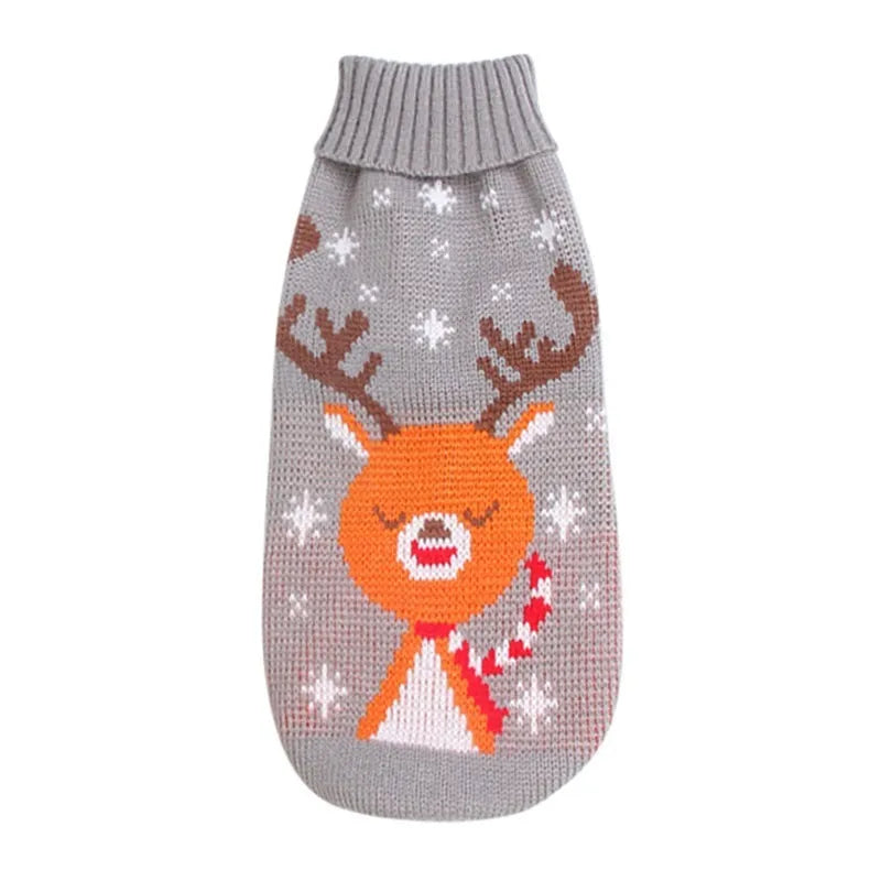 Christmas turtleneck knitting sweater dog clothing in acrylic knit, red reindeer pattern, on small dog