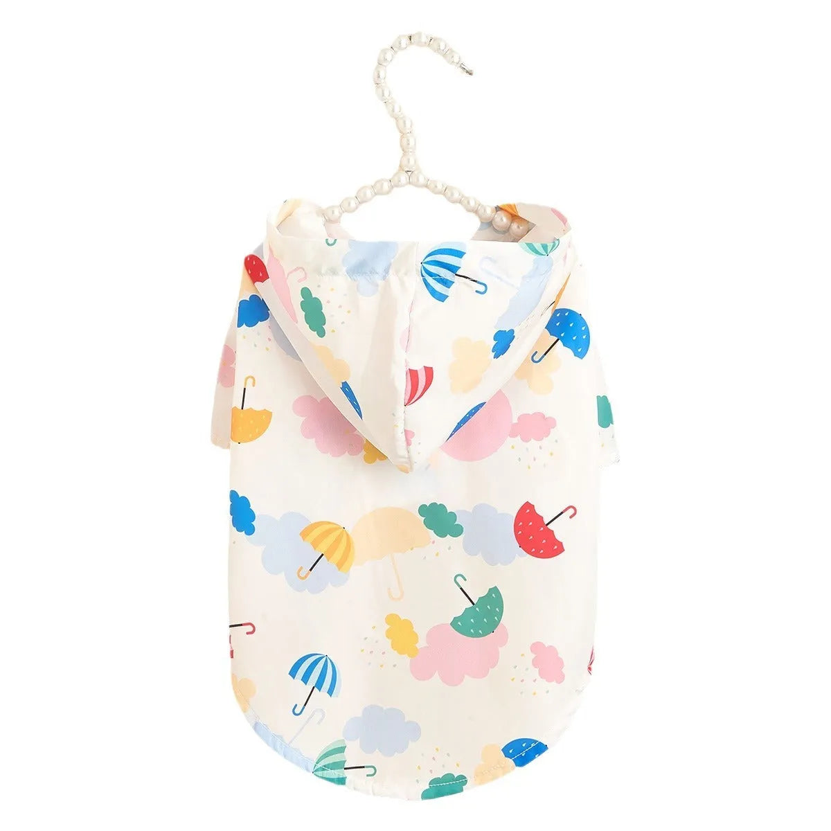 Colourful cartoon umbrella pattern pet raincoat for dogs or cats, available in sizes XS to XL.