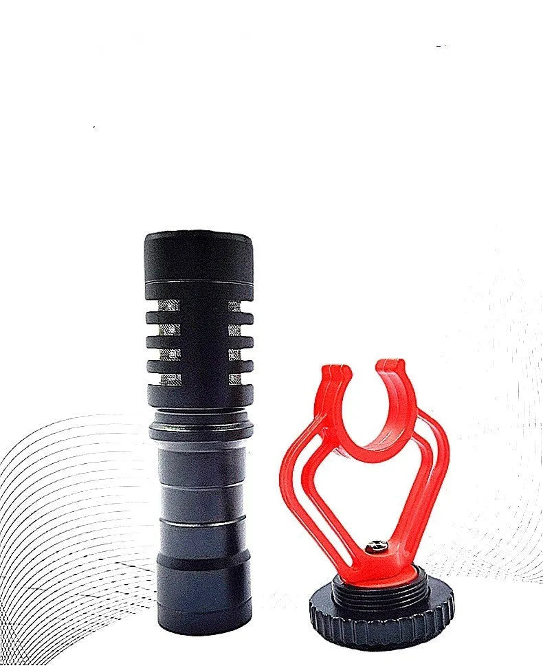 Black gun-type condenser microphone with metal housing and windproof wool cover, for mobile phone and SLR camera live streaming