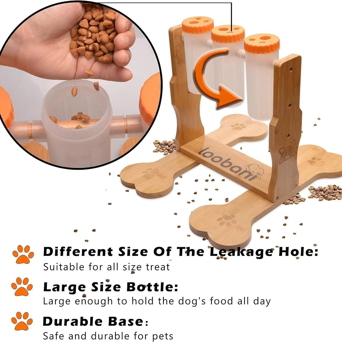 Wooden interactive dog puzzle feeder with treat compartments measuring 31cm long