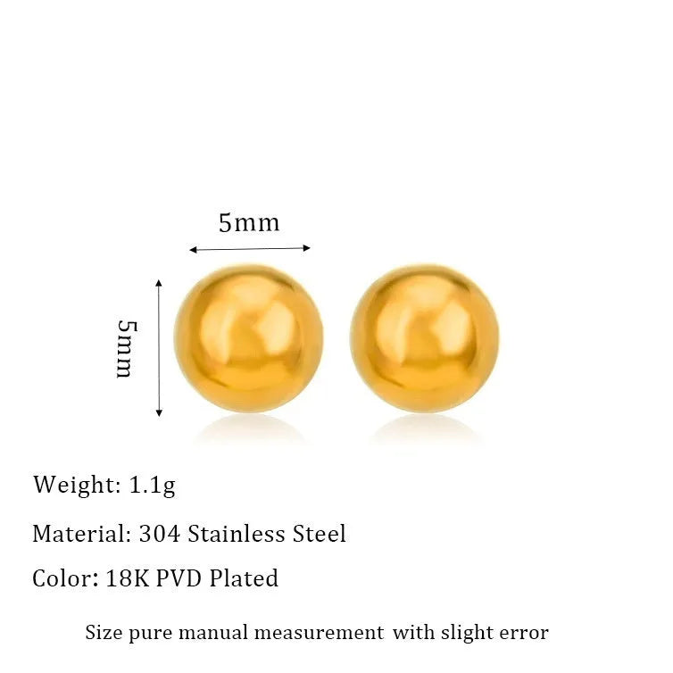Titanium steel ball stud earrings in gold or silver finish, available in 3mm to 6mm sizes