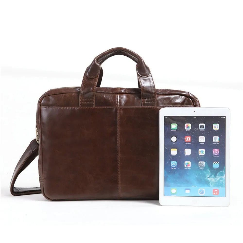 Brown men's business briefcase made from first layer cowhide leather, 18-inch size.