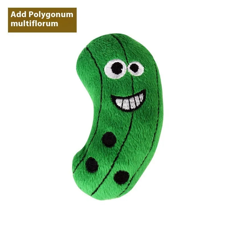 Six catnip plush pillow toys in burrito, cone, cucumber, mushroom, pineapple, and pizza styles