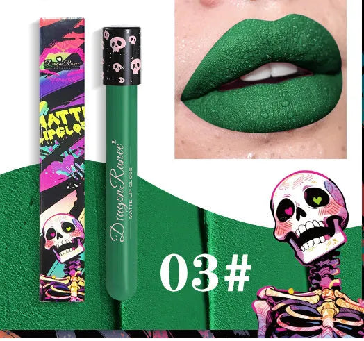 Halloween creative makeup lip gloss in skull-shaped test tube with retro matte gold and silver shades.