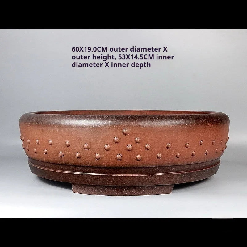 Handmade antique drum round ceramic flowerpot in purple sand colour, 60x19cm, with red mud pine cypress old pile styling