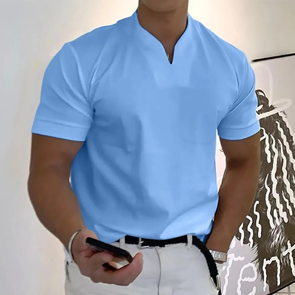 Men's summer short sleeve shirt with pocket in light grey, loose stand collar fit with plain pattern, plus size S-5XL