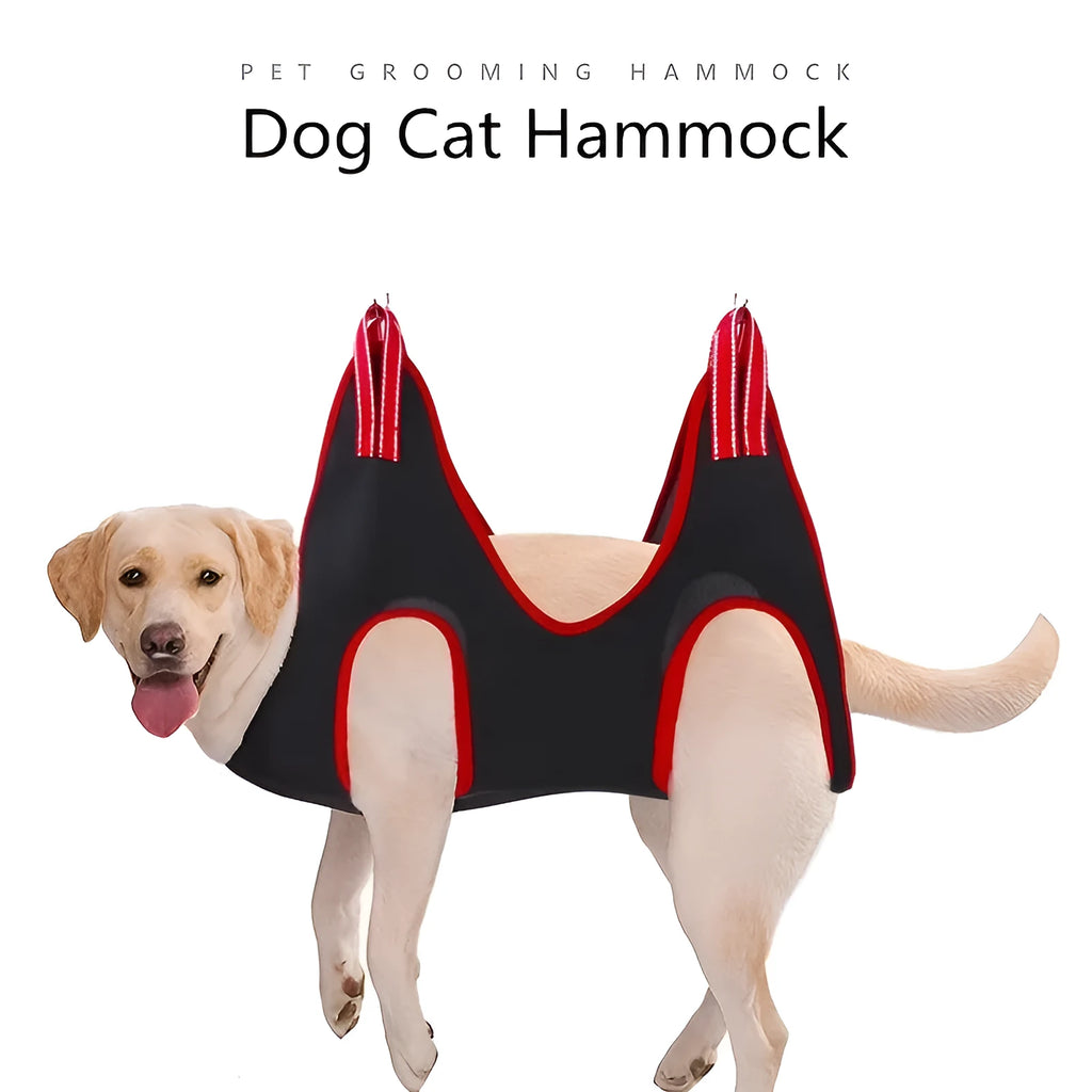 Mesh pet grooming hammock restraint bag hanging in a doorway for cat nail trimming or bath time.