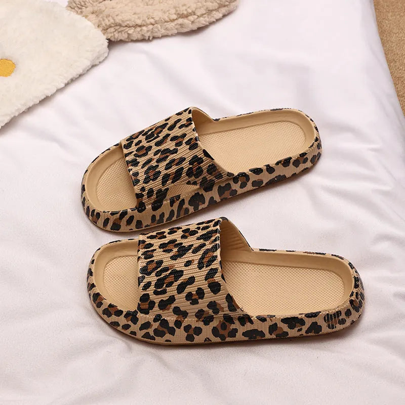Leopard print slippers with thick EVA sole in black, pink, khaki, and white zebra patterns for women's indoor outdoor summer wear