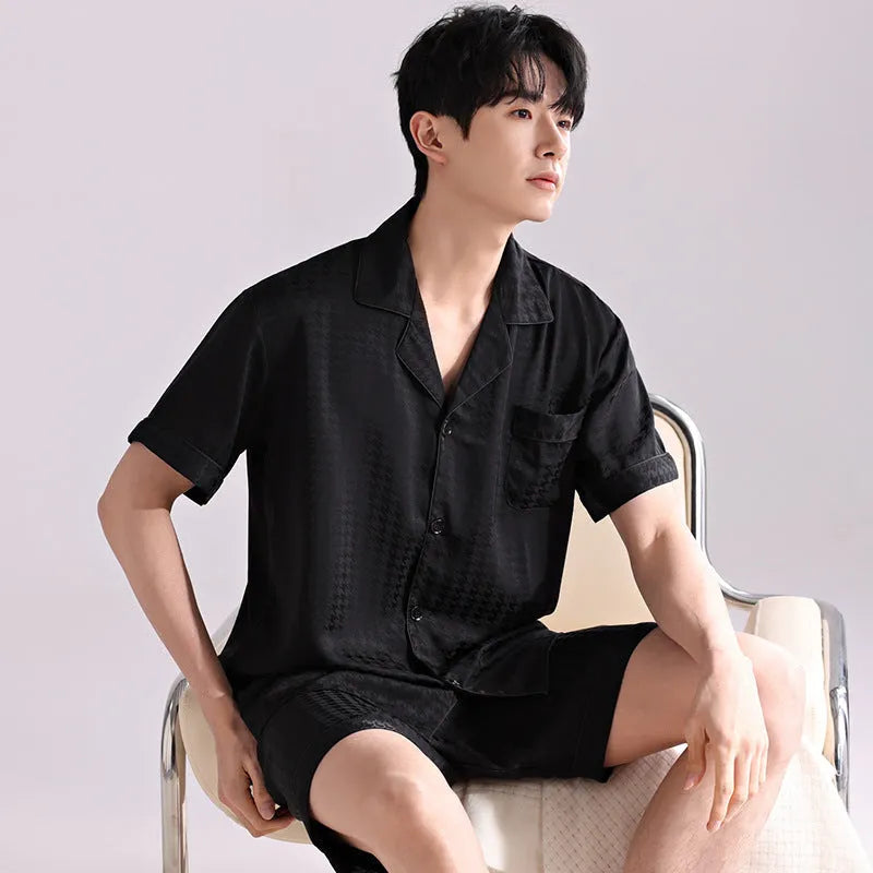 Men's ice silk pajama set with satin jacquard plaid pattern in cardigan style and shorts