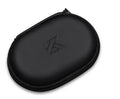 Black leather oval-shaped earphone storage pouch for portable headphones.