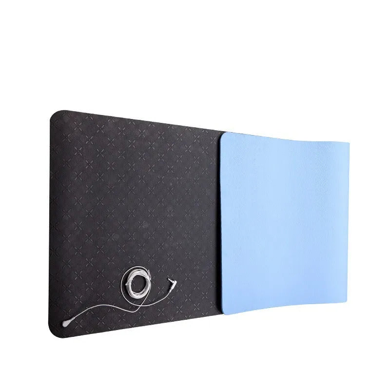 Blue conductive yoga mat with plants pattern and grounding wire, size 182x61cm.