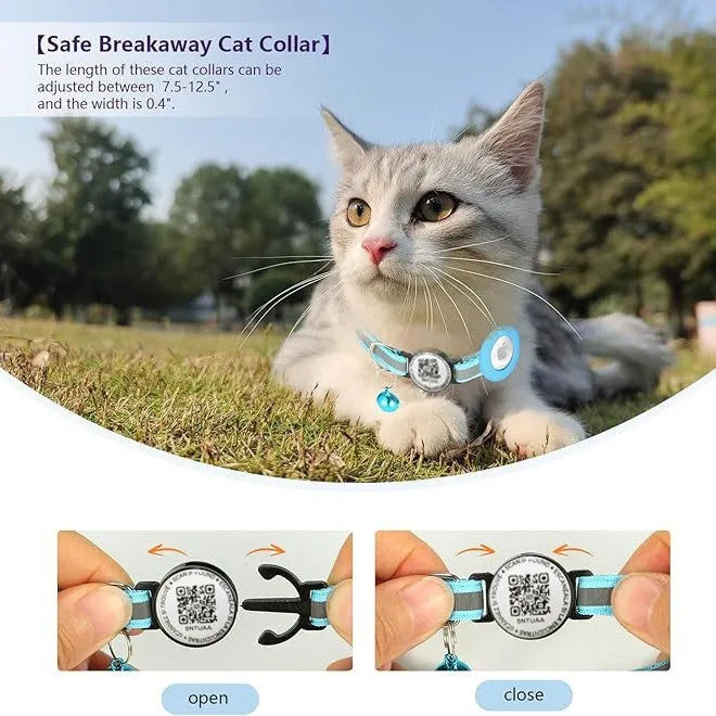 Black silicone pet collar with QR code pattern and reflective stripe for Apple Airtag holder