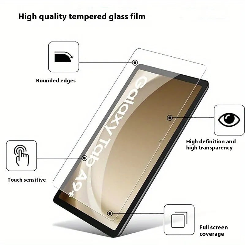 Tempered glass screen protector for Samsung Galaxy tablet with anti-fingerprint coating.