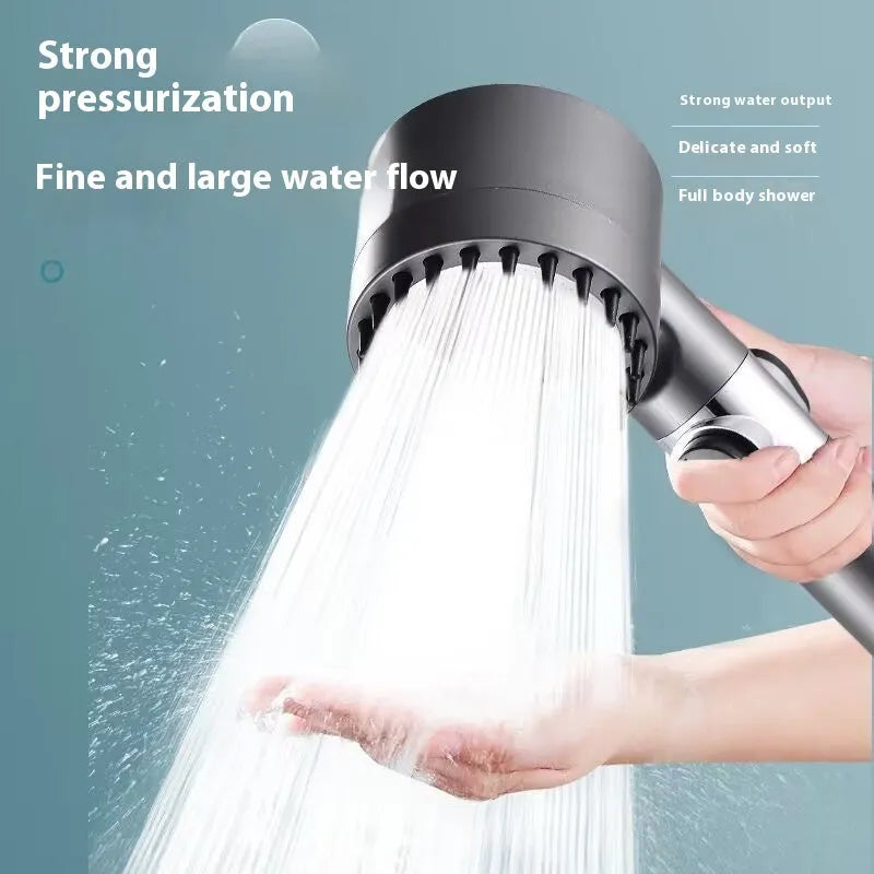 Portable bathroom shower head with three spray settings including massage and rainfall modes