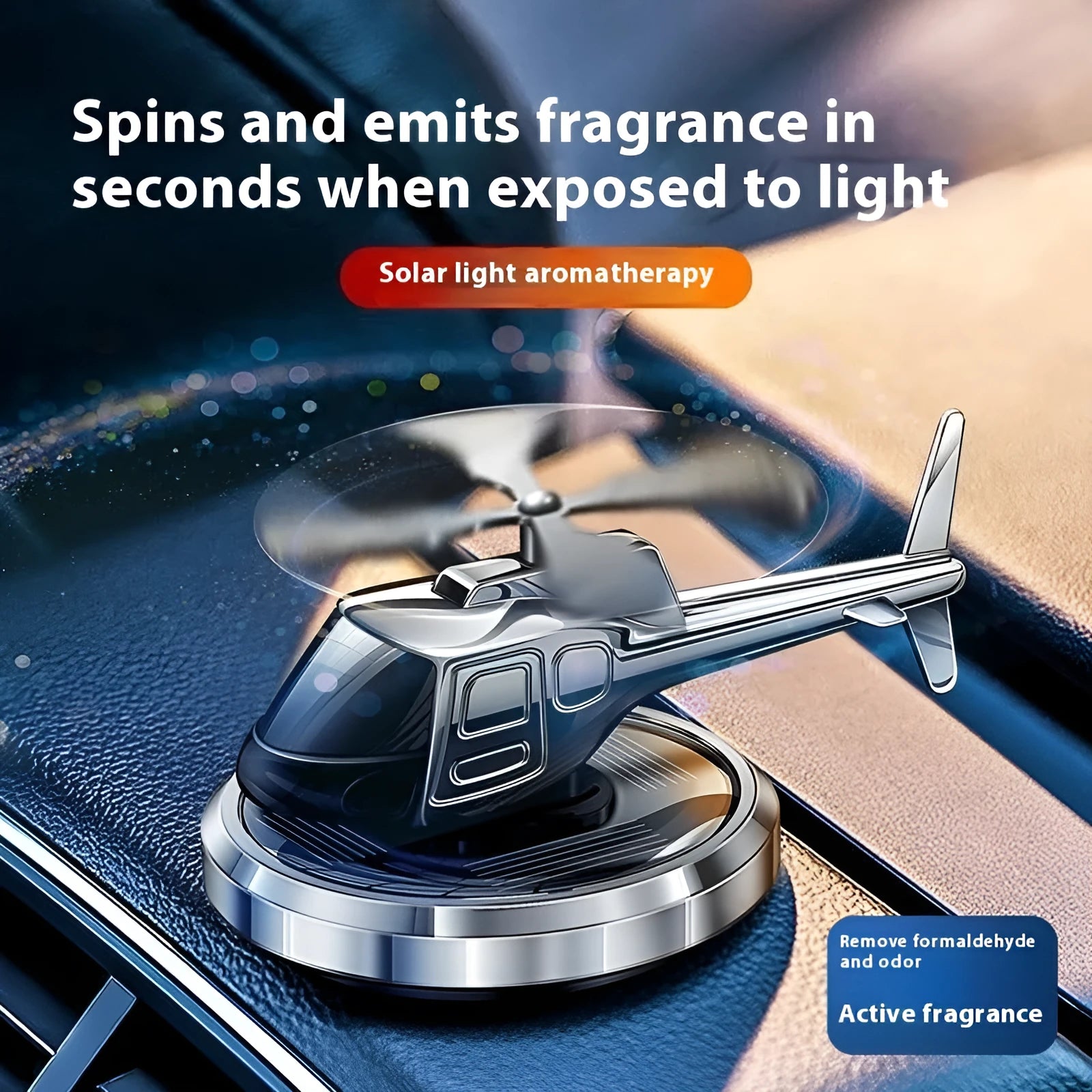 Solar-powered metal helicopter car air freshener ornament with rotating blades in three colour options