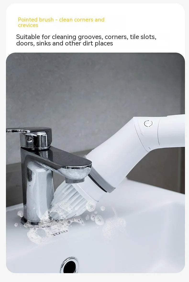 White electric scrubber cleaning brush with long telescopic handle and Type-C charging interface on a floor