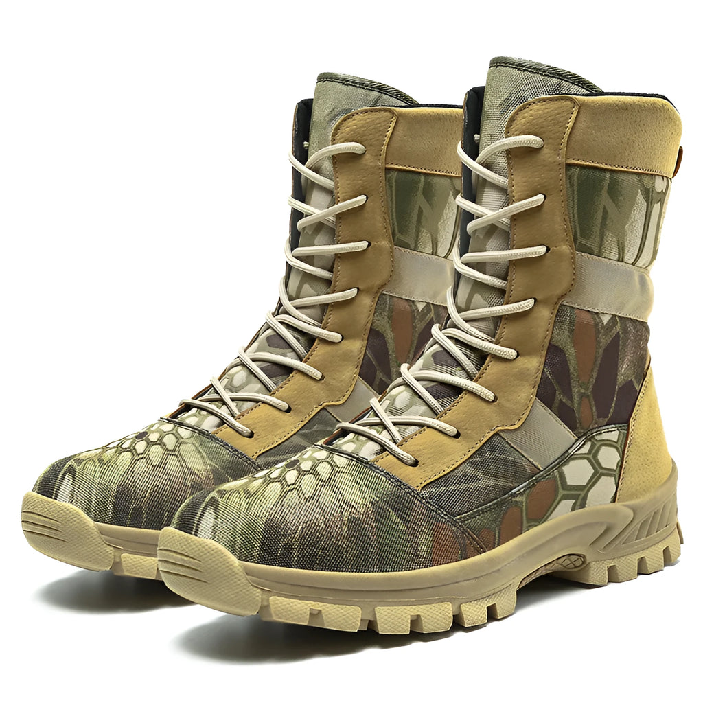 Men's black and camouflage high-top combat boots with mesh upper and totem detail.