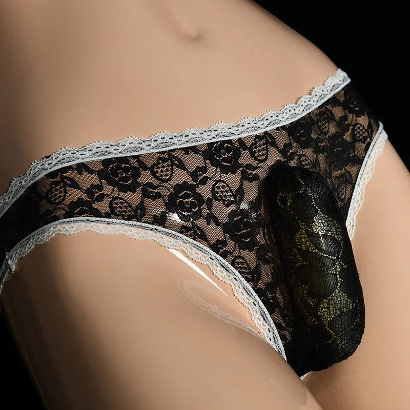 Qing He men's lace underwear briefs with vertical bag egg design in black colour.