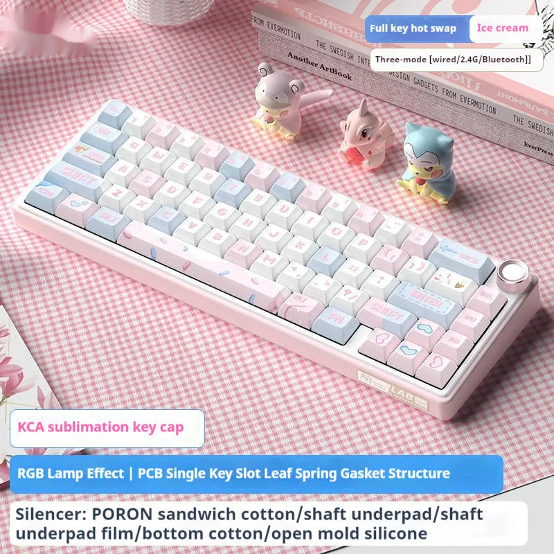 Wireless mechanical keyboard with RGB backlighting in a white colour option on a desk.