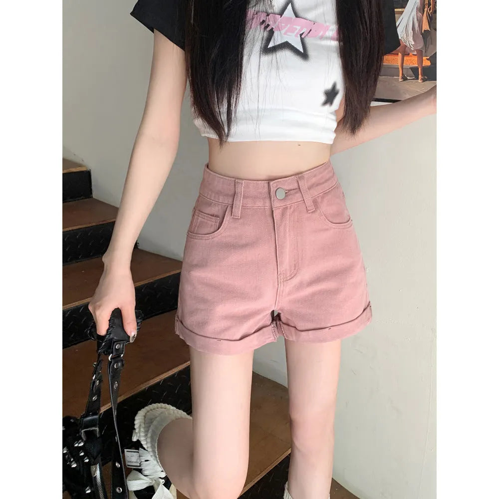 Hong Kong style denim shorts for women high waist loose fit cotton black color