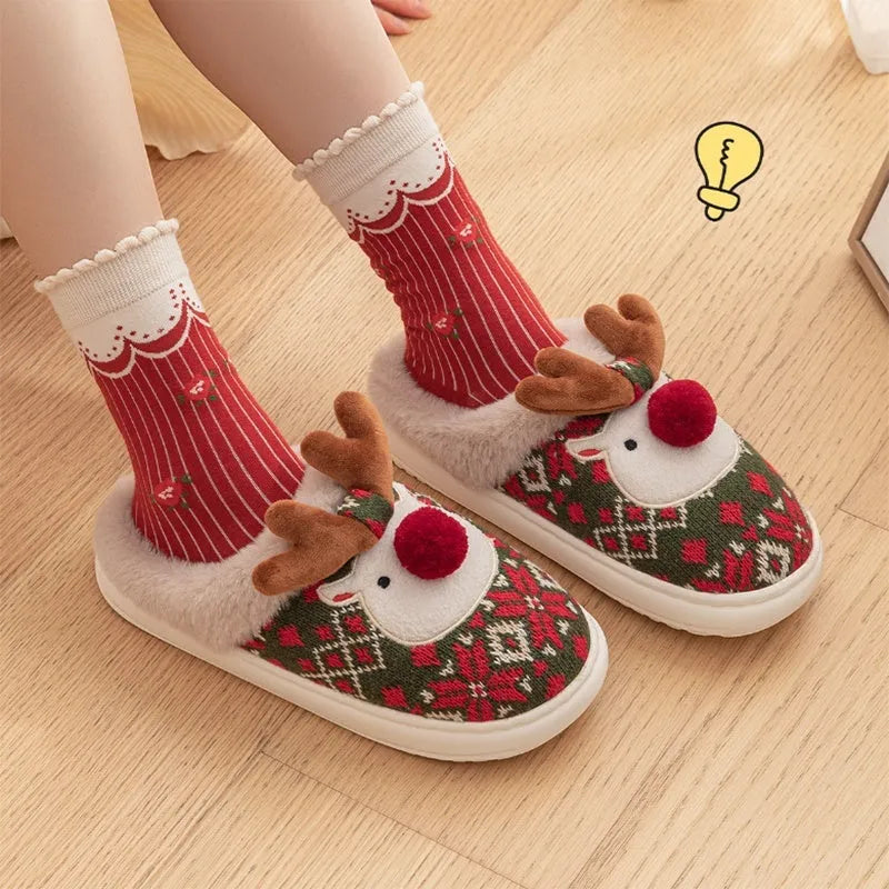 Cute Christmas elk plush slippers in Christmas Red with non-slip sole for women winter home use