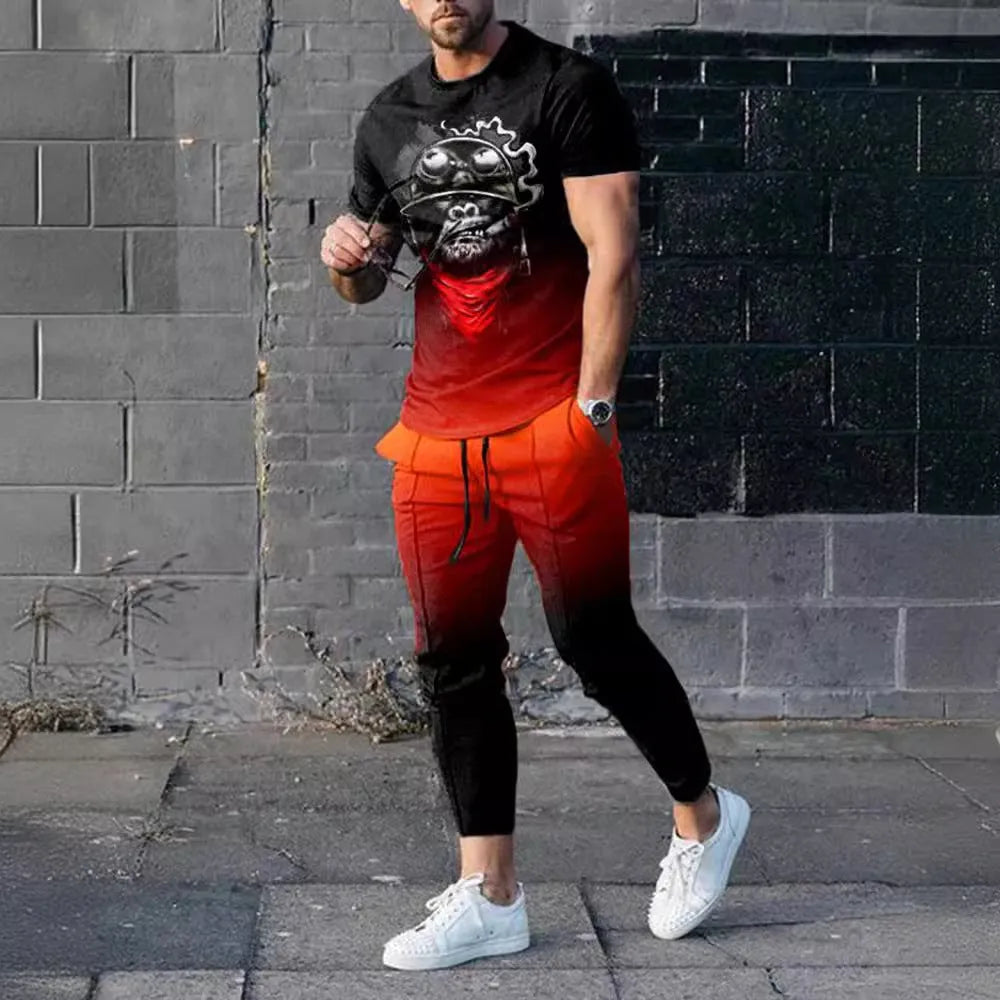 Man wearing a printed short-sleeve pullover and matching trousers from a thin polyester sports suit set.