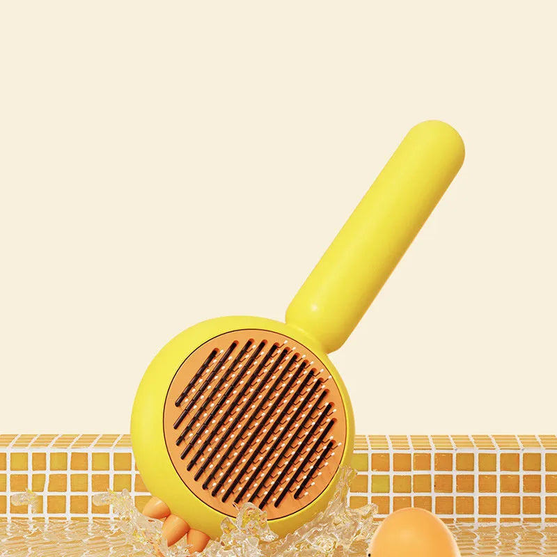 Purple pet grooming brush with bent stainless steel bristles and self-cleaning button
