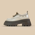White platform leather shoes with chunky 6-8cm heels and Mary Jane style front lace-up design