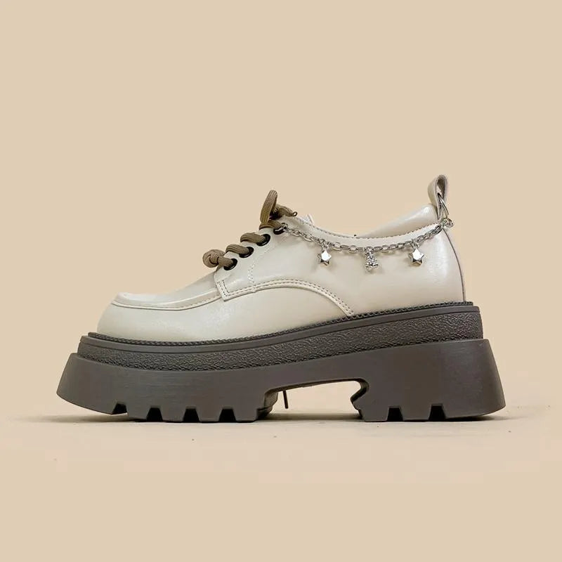 White platform leather shoes with chunky 6-8cm heels and Mary Jane style front lace-up design