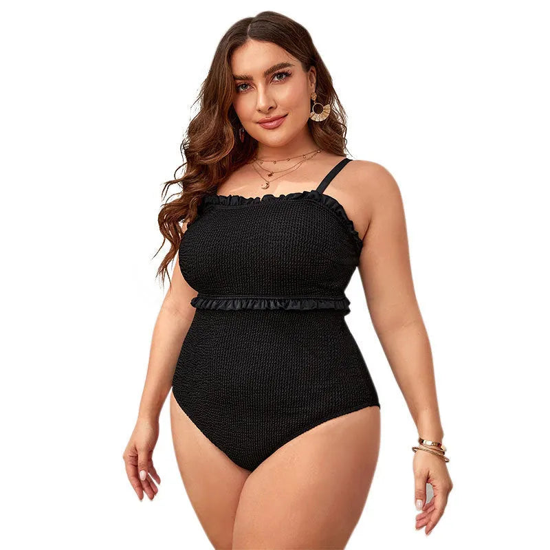 Black plus size women's bikini swimsuit with double shoulder coverage and belly support design