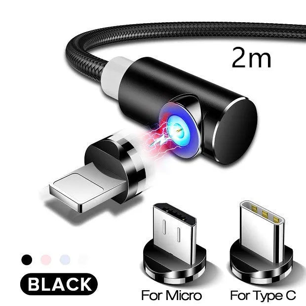 Black L-shaped magnetic charging cable with aluminium connectors for Micro USB, Lightning, and Type-C phones.