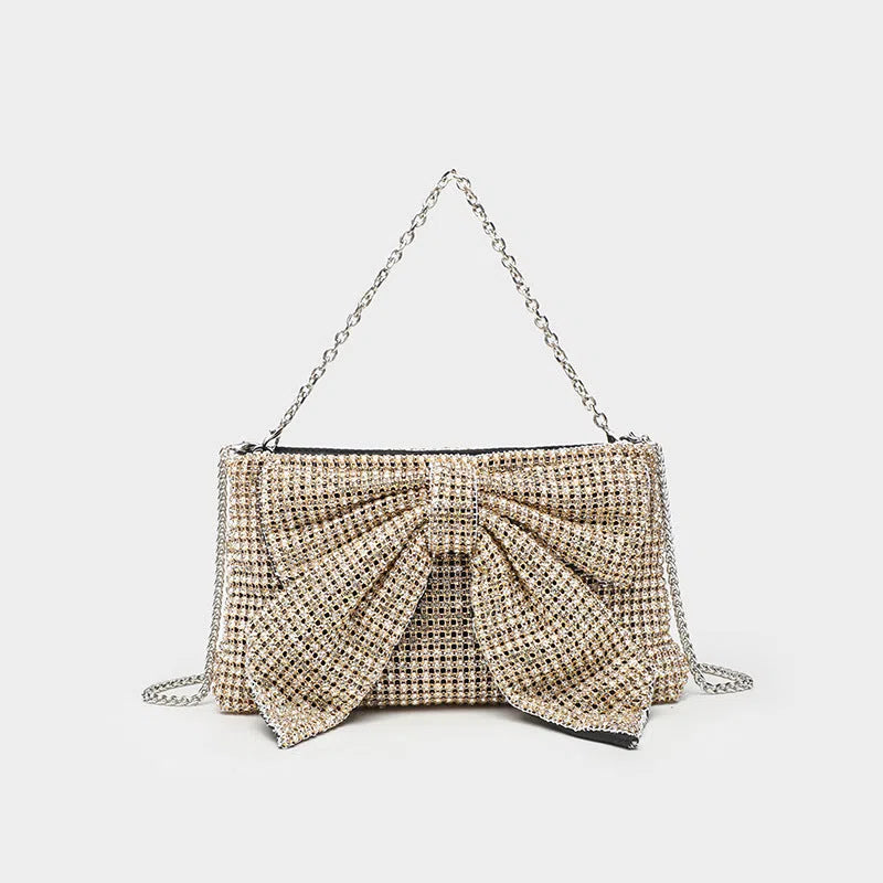 Fashion evening banquet full crystal rhinestone single shoulder chain crossbody bag bow shape polyester silver colour