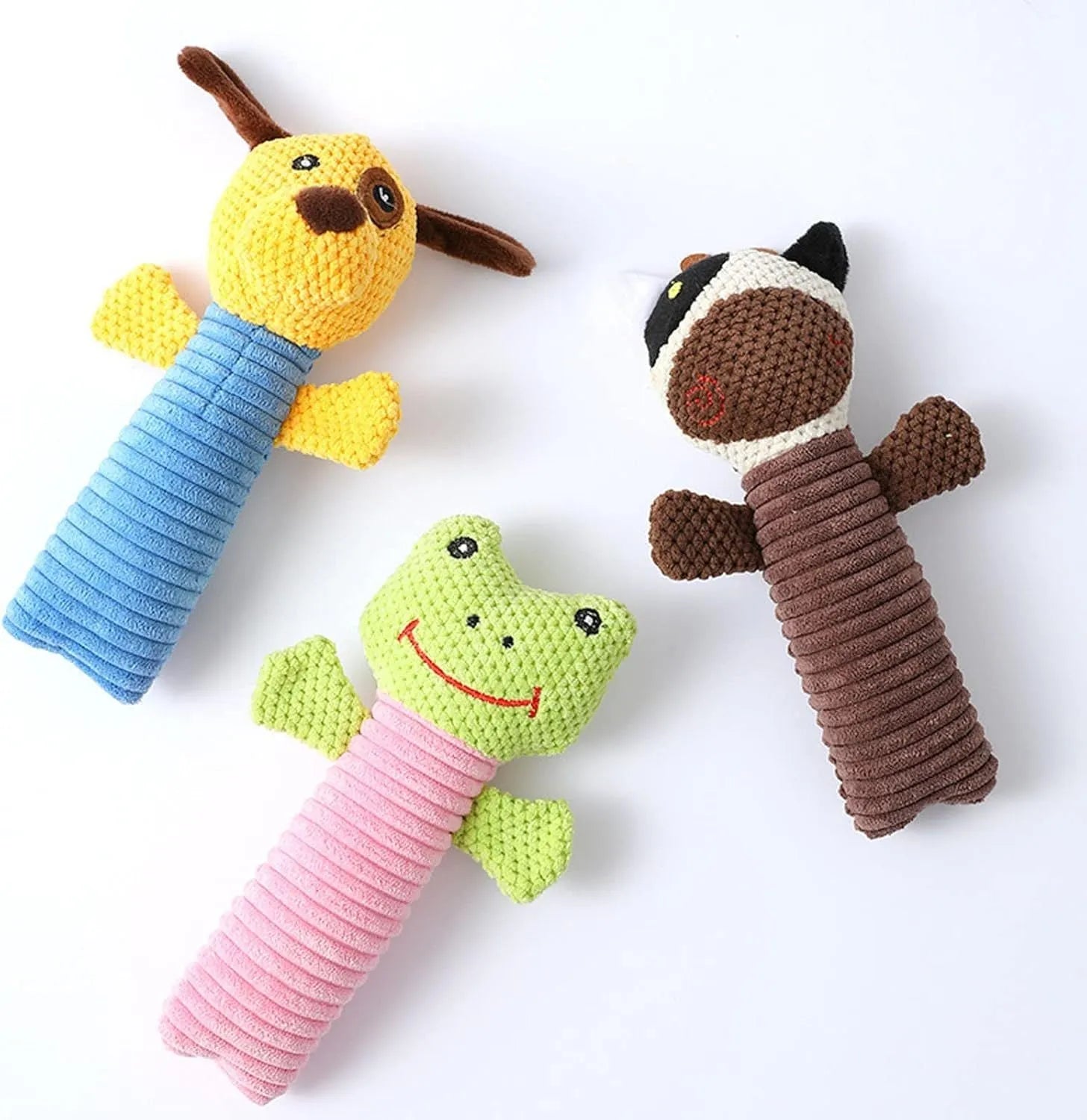 Three dog squeaky chew toys showing calf, frog, and puppy shapes, 19cm long soft plush construction
