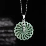 Green jade pendant necklace with silver-plated chain, unisex national style design