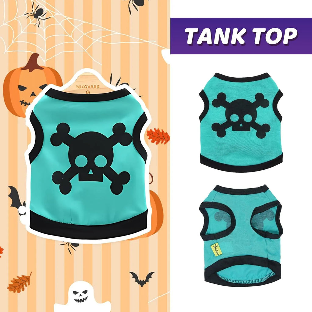 Dog wearing cotton tank top with skull and bones pattern in colour blocking design