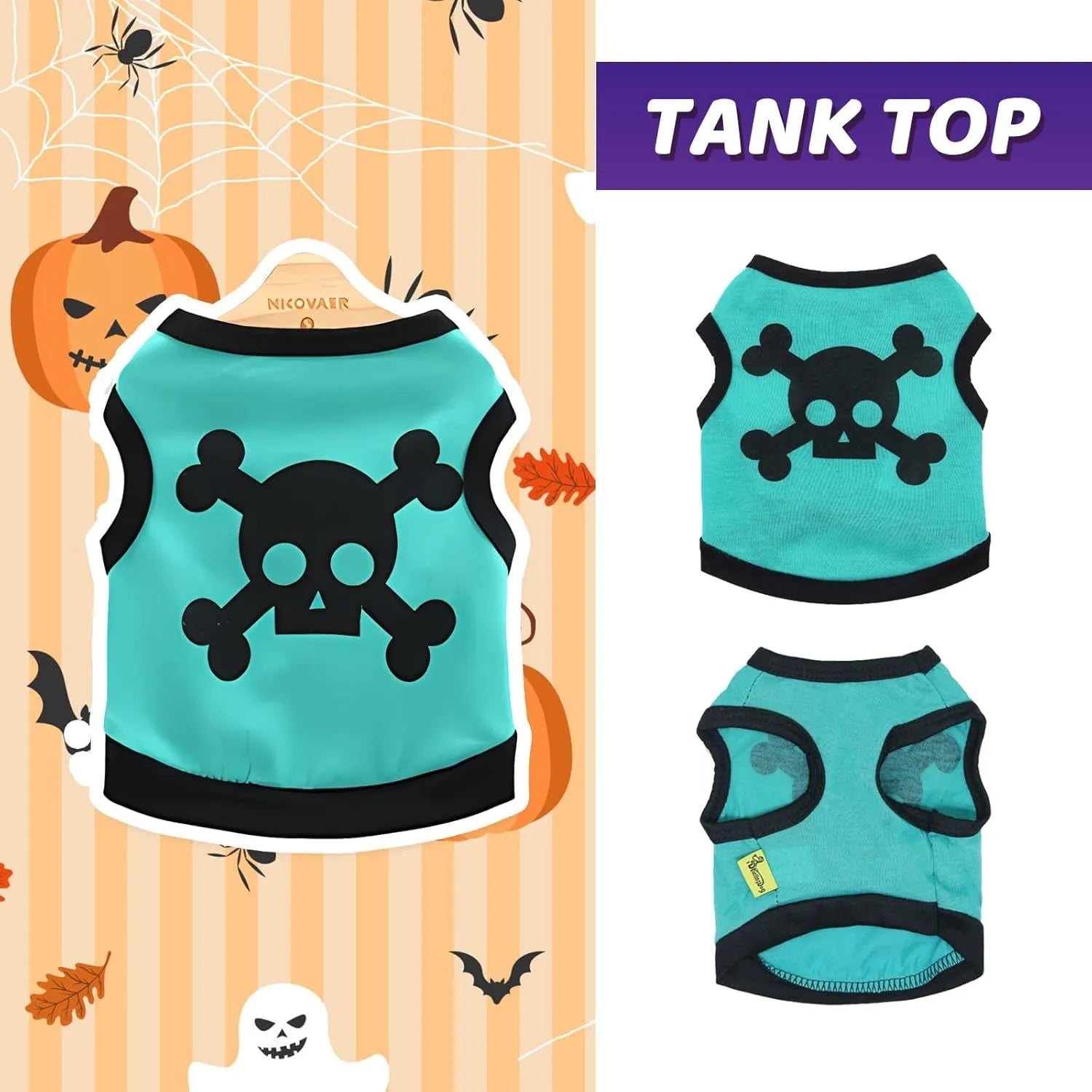Dog wearing cotton tank top with skull and bones pattern in colour blocking design
