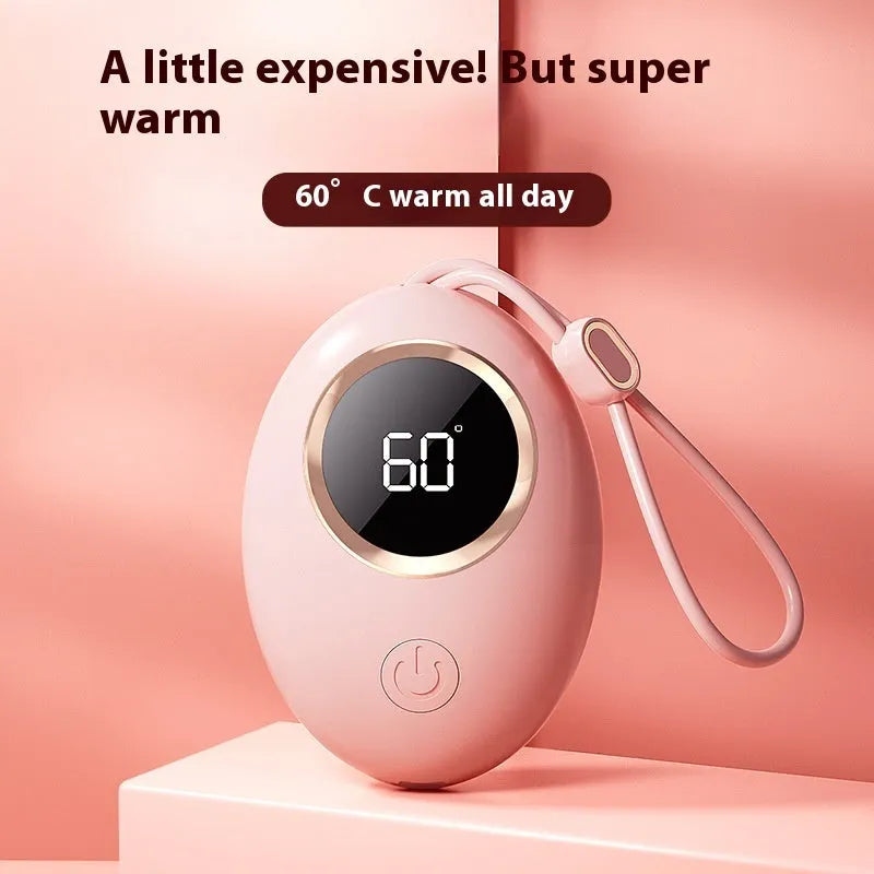 USB digital display hand warmer power bank in pink colour showing aluminium heat dissipation design.
