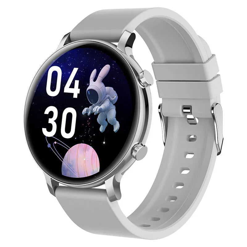 Silver stainless steel smartwatch with black screen showing heart rate data on a genuine leather strap.