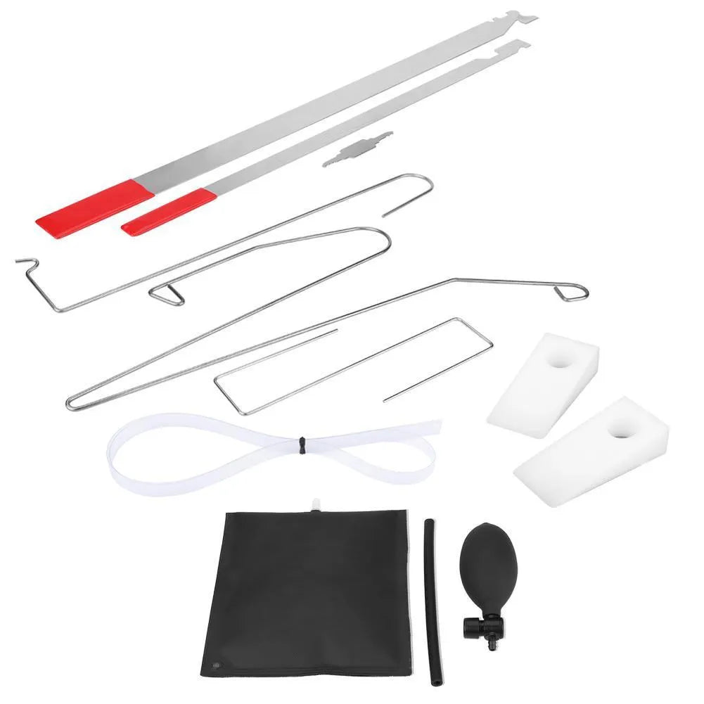 9-piece automotive maintenance tool kit with air pump wedge, plastic wedges, hooks and crowbars