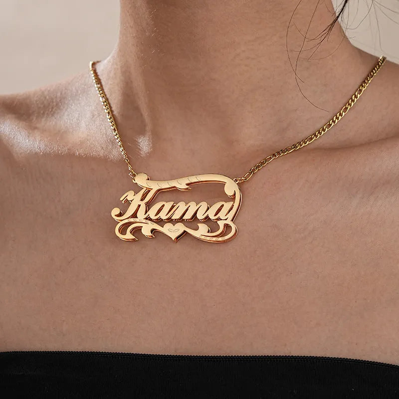 Customised double-layer wave heart stainless steel necklace in gold and silver colour options on a plain background