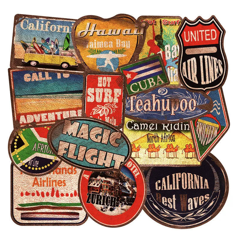 Assortment of large retro beach stickers with surfing and travel designs on a white background.