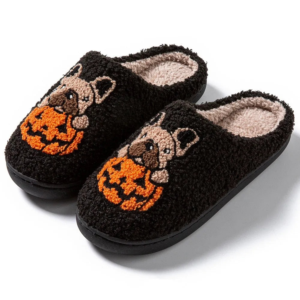 Halloween pumpkin house slippers in black with plush material and non-slip rubber soles