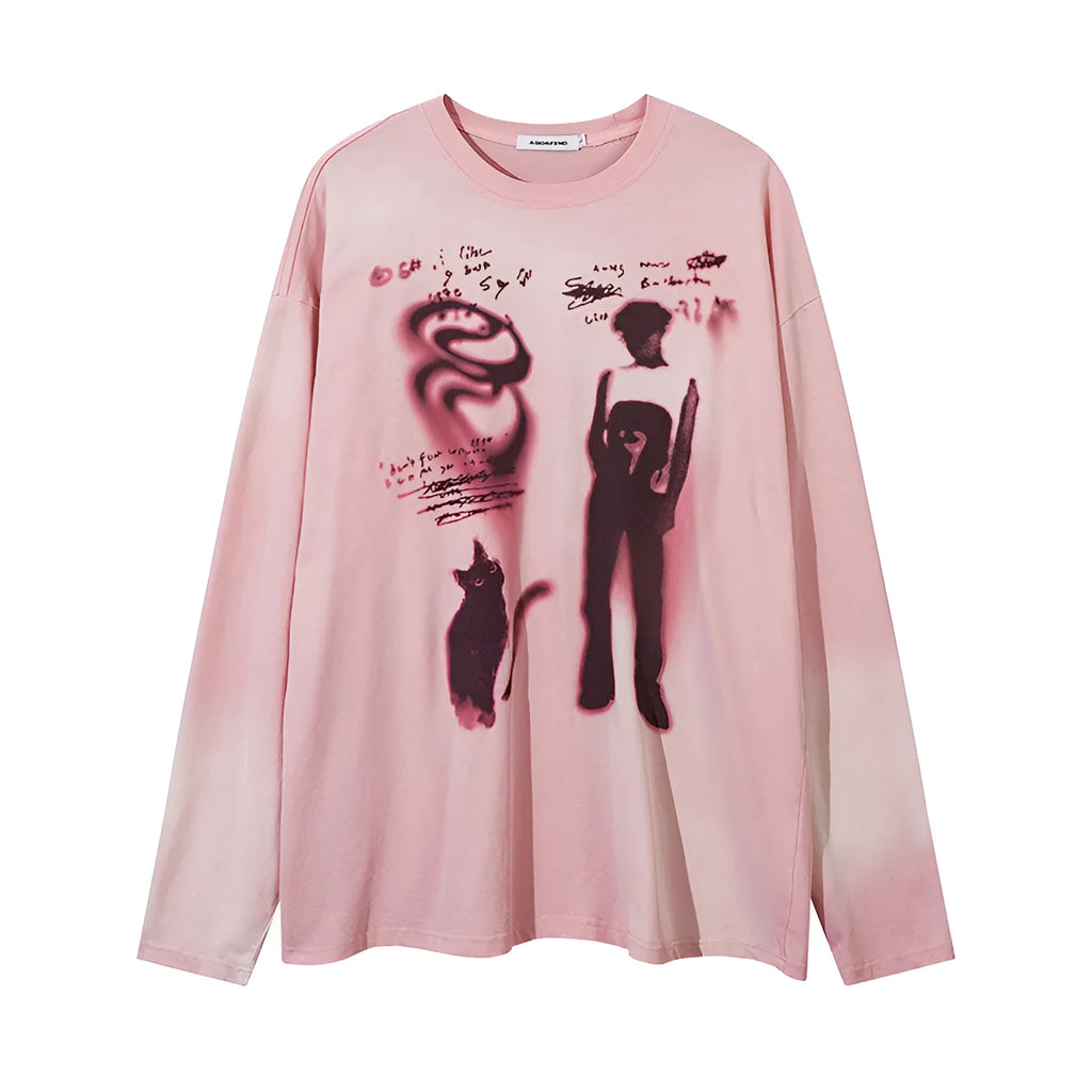 Women's loose dark grey cotton pullover top with letter pattern and long drop-shoulder sleeves