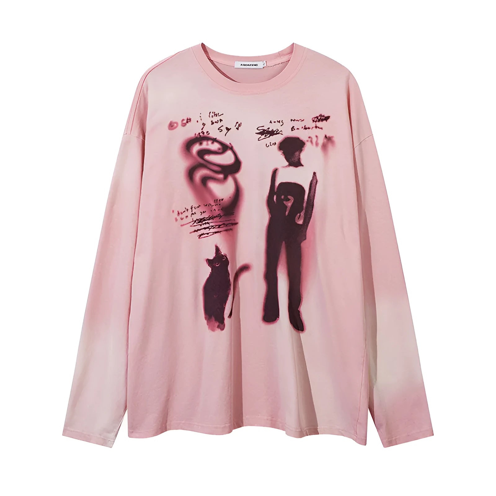 Women's loose dark grey cotton pullover top with letter pattern and long drop-shoulder sleeves