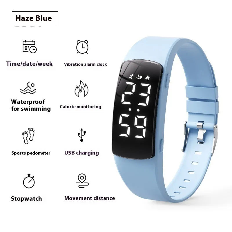 Vibration alarm smart watch with coloured silicone strap and LED display on wrist