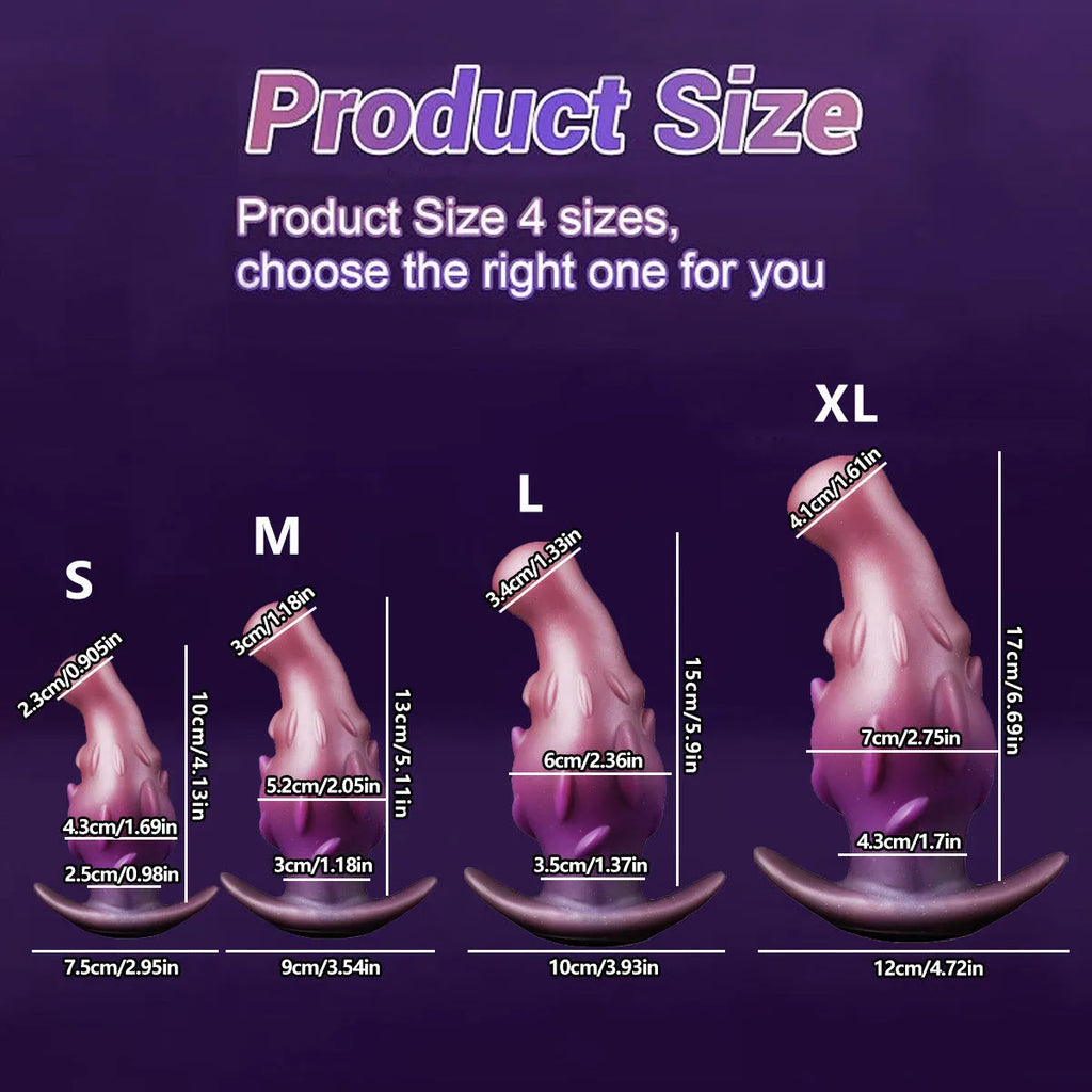 A purple unisex wearable masturbator made from liquid silicone, shown with size options S, M, L, XL.