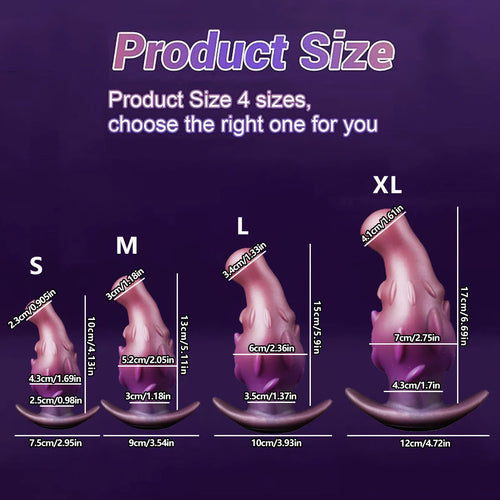 A purple unisex wearable masturbator made from liquid silicone, shown with size options S, M, L, XL.