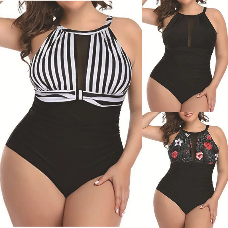 Women's black lace-trimmed one-piece swimsuit on a mannequin, showing front and back views.
